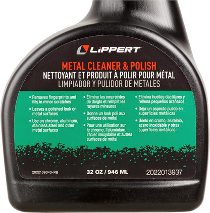 Lippert Boat Metal Cleaner and Polish for Interior and Exterior, 32 oz., Removes Fingerprints, Fills Minor Scratches, Use on Chrome, Aluminum, Stainless Steel, Easy Spray-On Application – 2022013937