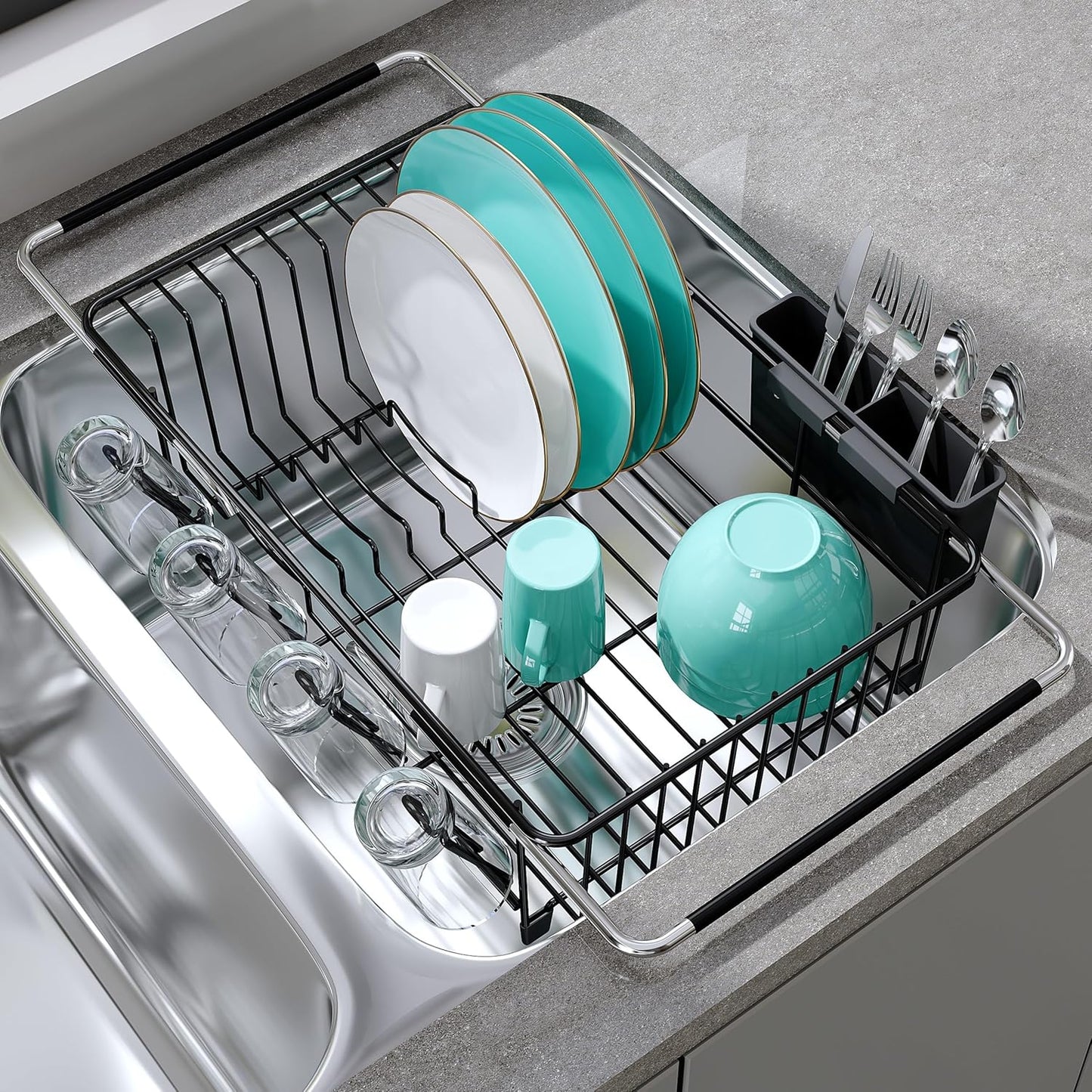 JASIWAY Dish Drying Rack in Sink, Expandable Stainless Steel Dish Drainers for Kitchen Counter, Dish Dryer Rack for Inside Sink, Over The Sink Dish Racks with Utensil Holder, Silver