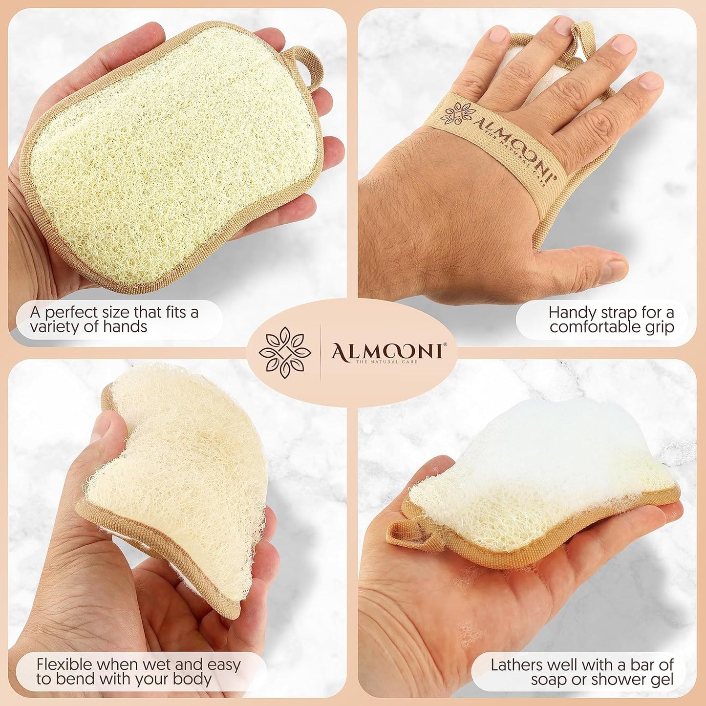 Almooni Natural Loofah Exfoliating Body Scrubber, Made with Natural Egyptian Shower Loofah Sponge, Bath Shower Loofah Sponge for Women and Men, for Face and Body That Gets You Clean - 2 Count (1 Pack)