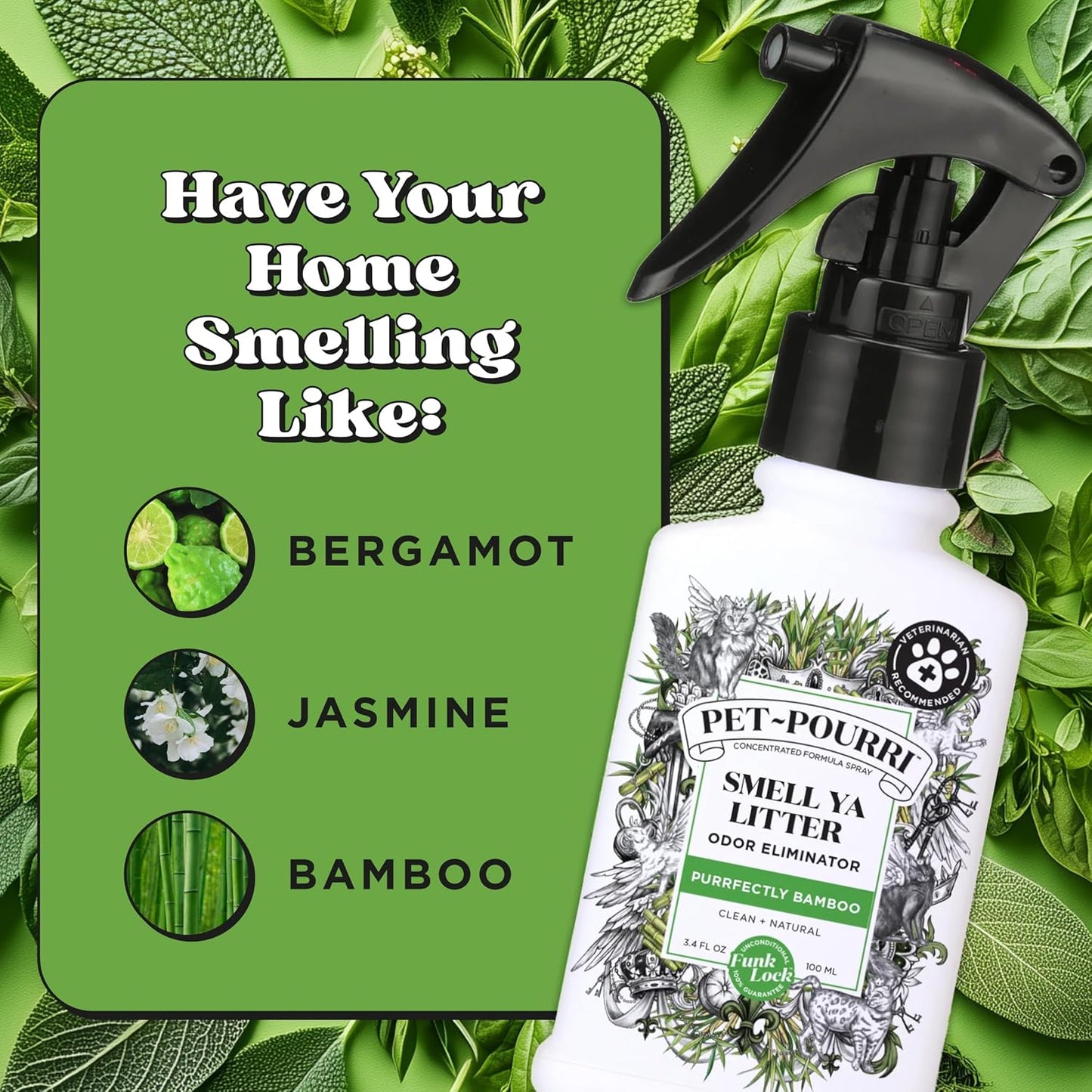 Pet-Pourri Smell Ya Litter Cat Litter Deodorizer Spray, Purrfectly Bamboo 3.4 Fl Oz, Up to 170 Uses, Pet Odor Remover with Essential Oils for Air, Carpet, Urine, Vet Recommended, Bergamot Bamboo Scent