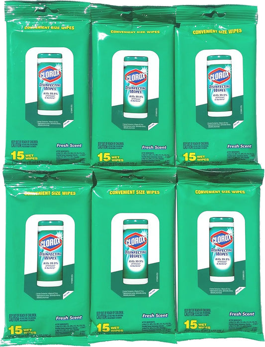 Clorox Cleaning Wipes - 90 Count - Resealable Package - Fresh Scent, 15 Count (Pack of 6)
