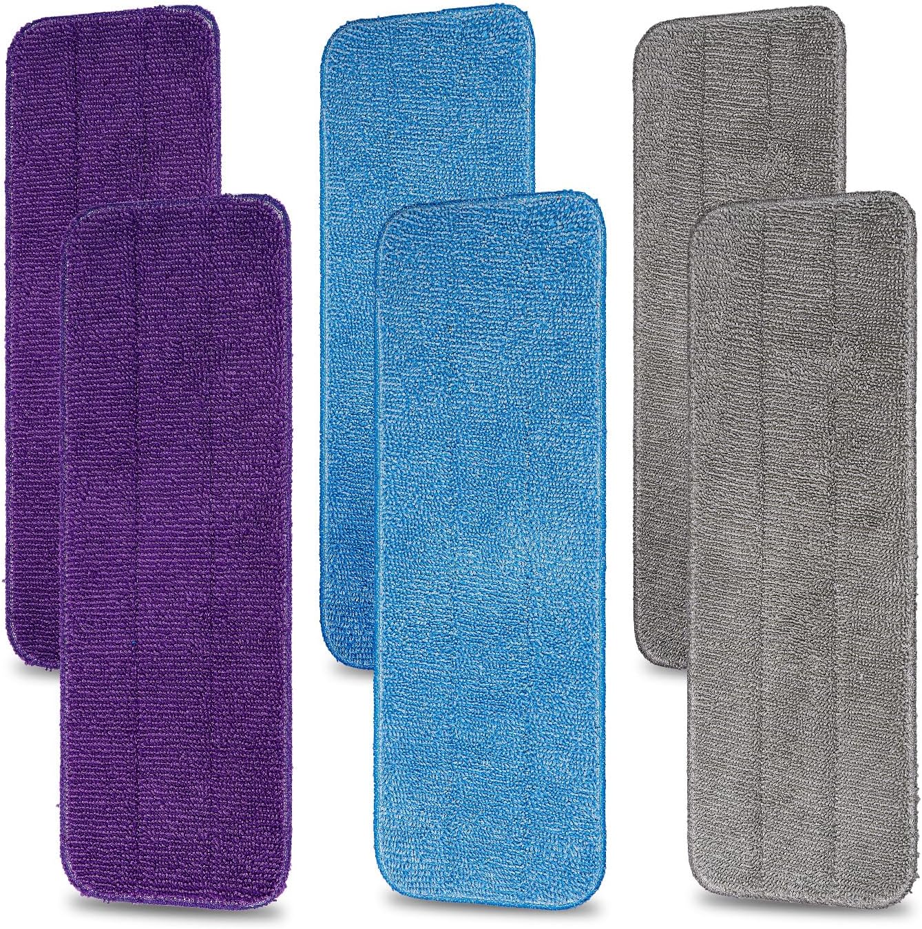 HOMEE Reusable Microfiber Mop Pads, 6 Pack 18"x 6" Mop Head Replacement, Wet/Dry Home & Commercial Cleaning Scrubbing Floor Pad - Blue,Grey,Purple
