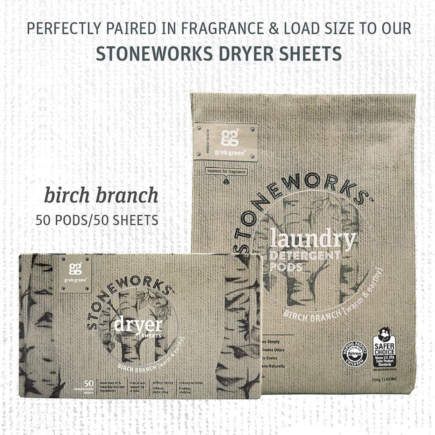 Grab Green Stoneworks Laundry Detergent Pods, 100 Count, Birch Branch Scent, Plant and Mineral Based, Cleans Deeply, Eliminates Odors, Fights Stains