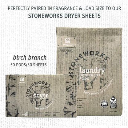 Grab Green Stoneworks Laundry Detergent Pods, 100 Count, Birch Branch Scent, Plant and Mineral Based, Cleans Deeply, Eliminates Odors, Fights Stains