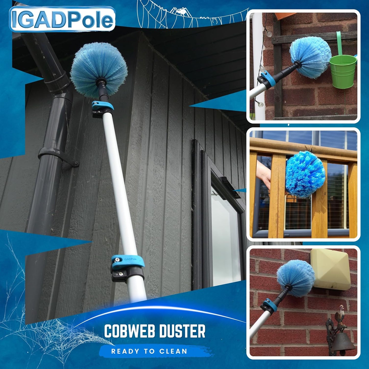 IGADPole 24 FT Water-Fed Washing Kit with Soap-Dispenser, Brush, 10″ Squeegee & Cobweb Duster for Windows, Gutters, Solar Panels & Exterior Walls