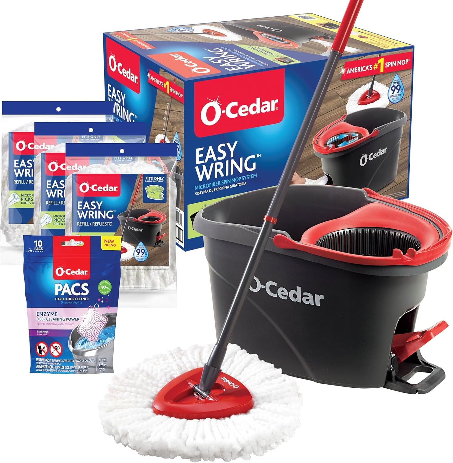 O-Cedar EasyWring Microfiber Spin Mop and Bucket Cleaning System + Citrus and Lavender Pacs (Variety Pack)