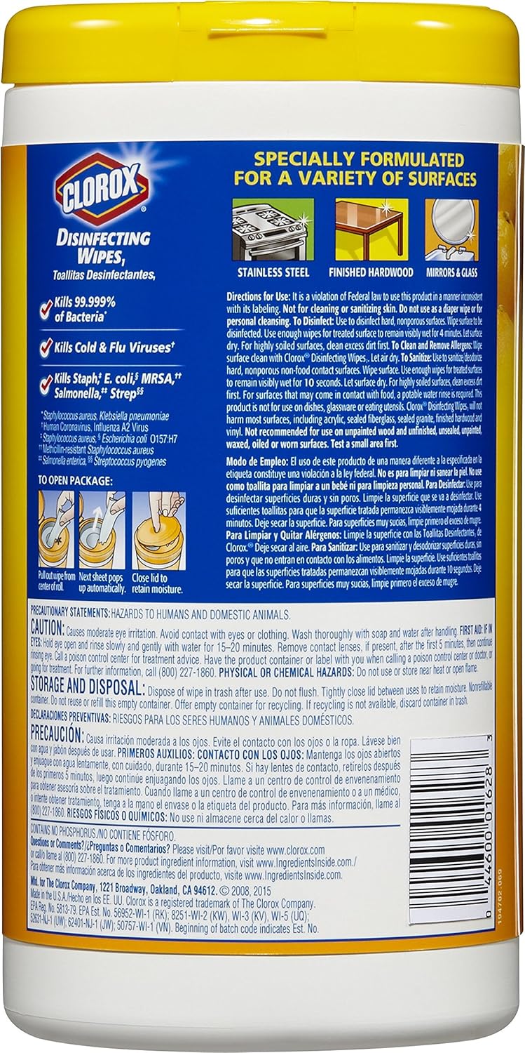 Clorox Disinfecting Cleaning Wipes, Bleach Free, Crisp Lemon, 75 Count, Pack of 6 (Pack May Vary)