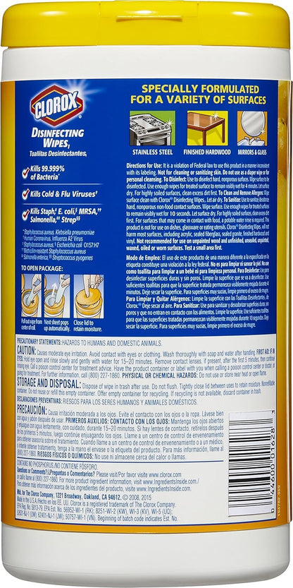 Clorox Disinfecting Cleaning Wipes, Bleach Free, Crisp Lemon, 75 Count, Pack of 6 (Pack May Vary)