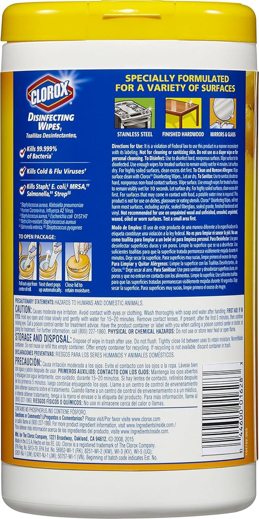 Clorox Disinfecting Cleaning Wipes, Bleach Free, Crisp Lemon, 75 Count, Pack of 6 (Pack May Vary)