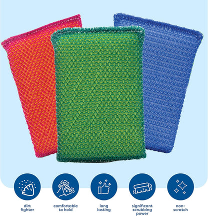 SCRUBIT Multi-Purpose Dish Scrub Sponge, Non Scratch Scouring Pads, Cleaning Sponges for pots & Dishes - Pot Scrubber Sponges for Kitchen & Bathroom - 12 Pack Dish Sponge (Blue,Red,Green)