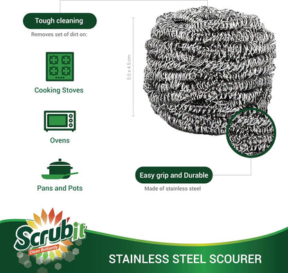 SCRUBIT 6 Pack Stainless Steel Scourers – Steel Wool Scrubber Pad Used for Dishes, Pots, Pans, and Ovens. Easy scouring for Tough Kitchen Cleaning.