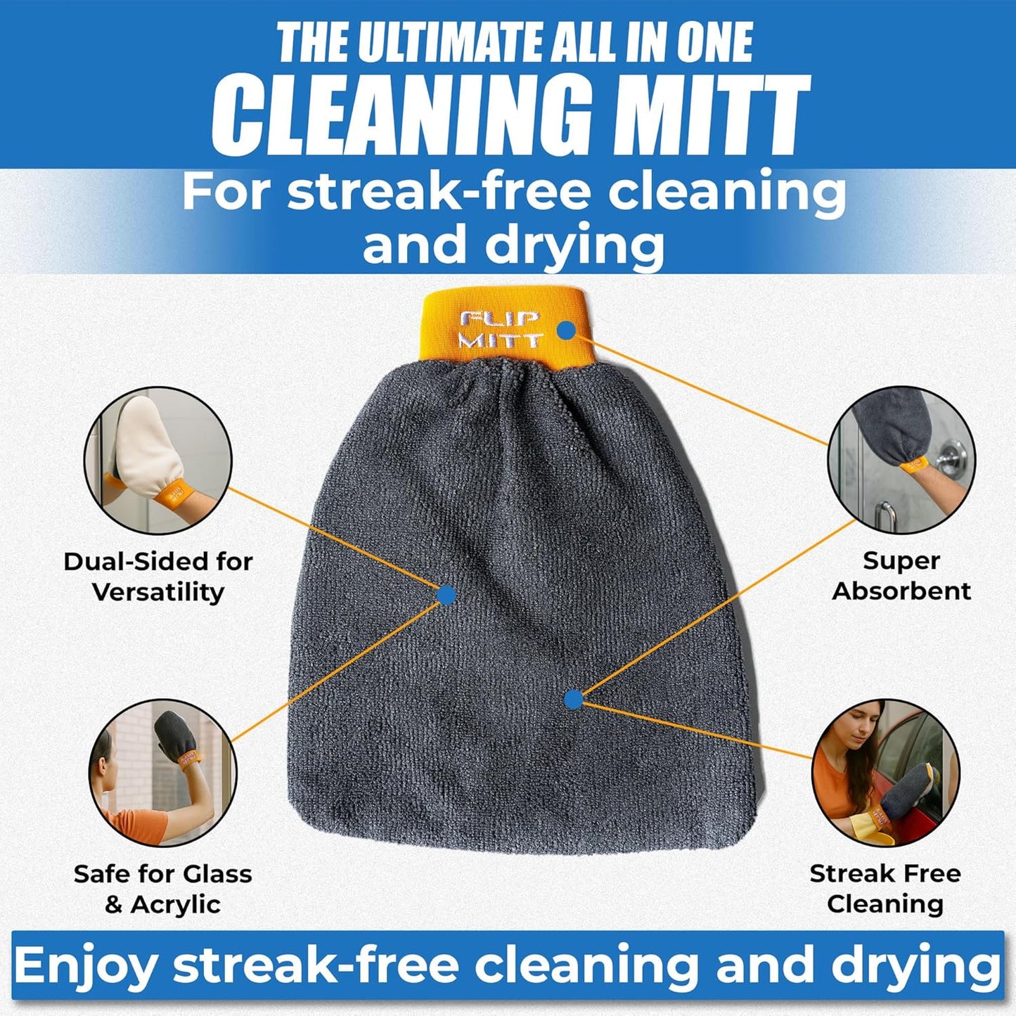 Flipper FLIP-MITT Microfiber Cleaning Mitt 2 Pack, Dual-Sided Terry Cloth & Microfiber Dusting Gloves for House Cleaning, Glass Polishing, Kitchens, Bathrooms, Cars & Aquariums