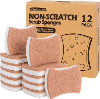 Non-Scratch Cellulose Scrub Sponges 12 Pack, Sponges Kitchen with Double-Side & Ergonomic Design for Dishes, Coated Cookware, Sink & Countertops.