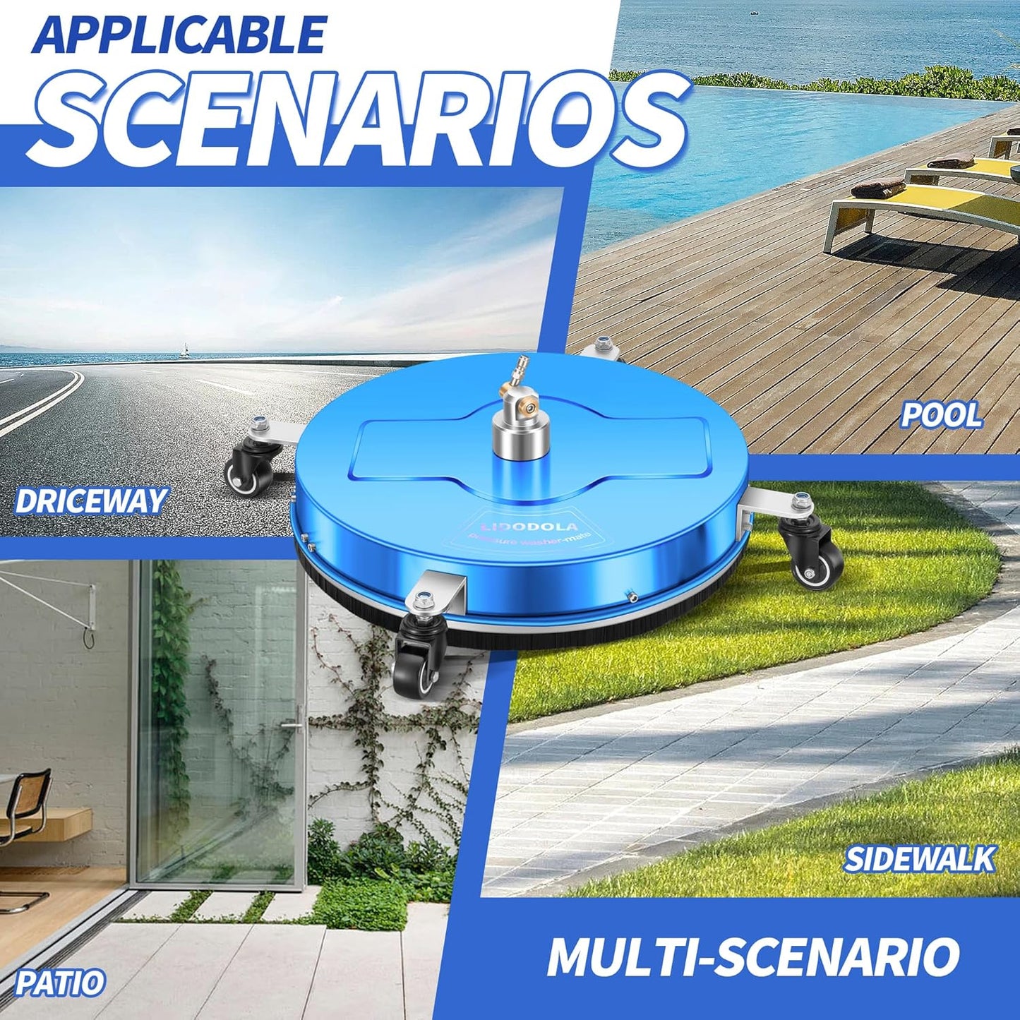 14" Pressure Washer Surface Cleaner with 4 Wheels - Stainless Steel Surface Cleaner for Pressure Washer Attachment for Concrete, Patio, Sidewalk, Deck and Driveways - PWS14