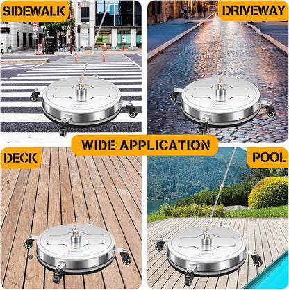14" Pressure Washer Surface Cleaner with 4 Wheels - Stainless Steel Surface Cleaner for Pressure Washer Attachment for Concrete, Patio, Sidewalk, Deck and Driveways - PWS14
