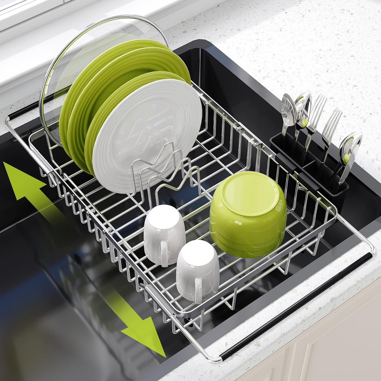 JASIWAY Dish Drying Rack in Sink, Expandable Stainless Steel Dish Drainers for Kitchen Counter, Dish Dryer Rack for Inside Sink, Over The Sink Dish Racks with Utensil Holder, Silver