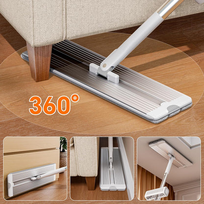 Self Wringing Microfiber Mop - Hands-Free Flat Mop with Wringing Blade | Aluminum Panel, Wet Dry for Apartment, Tiny Home, Windows, Wall, Hardwood, Laminate, Tile, Vinyl, 4 Reusable Pads