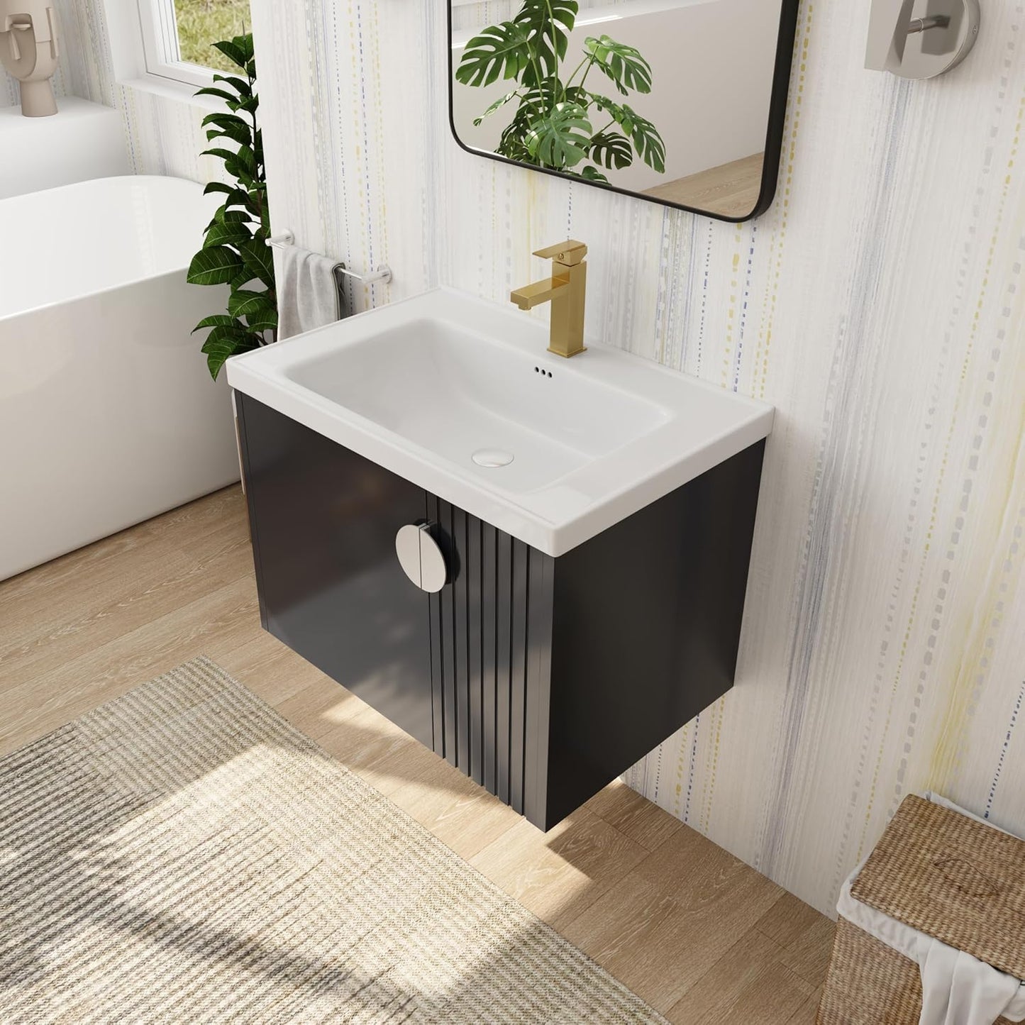 SSLine Modern 24-Inch Bathroom Vanity with Sink Wall Mounted Bathroom Vanity with Top Basin & Storage Cabinet White Wood Floating Vanity w/Ceramic Sink & Gold/Black Handles for Small Space