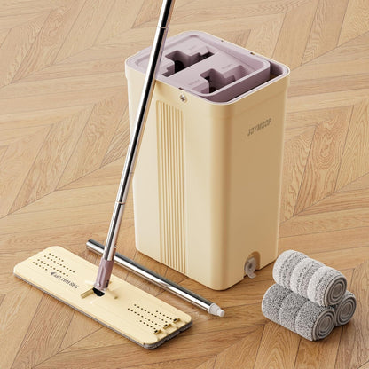 JOYMOOP Mop and Bucket Set, Flat Mops for Floor & Wall Cleaning, Commercial & Household Use, Hardwood Floor Mop with Long Handle & 4 Microfiber Pads