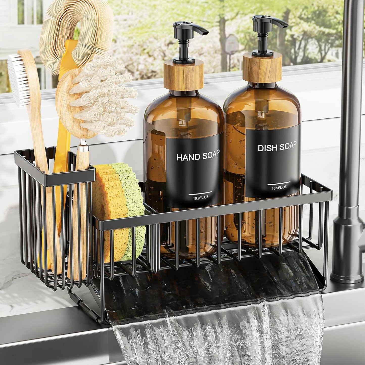 Cisily Kitchen Dish Soap Dispenser Set with 2 Pack 16.9oz Black Glass Bottle and Sponge Holder, Dish Soap Dispensers with Adjustable Sponge Holder, Vintage Hand and Dish Soap Dispensers Set