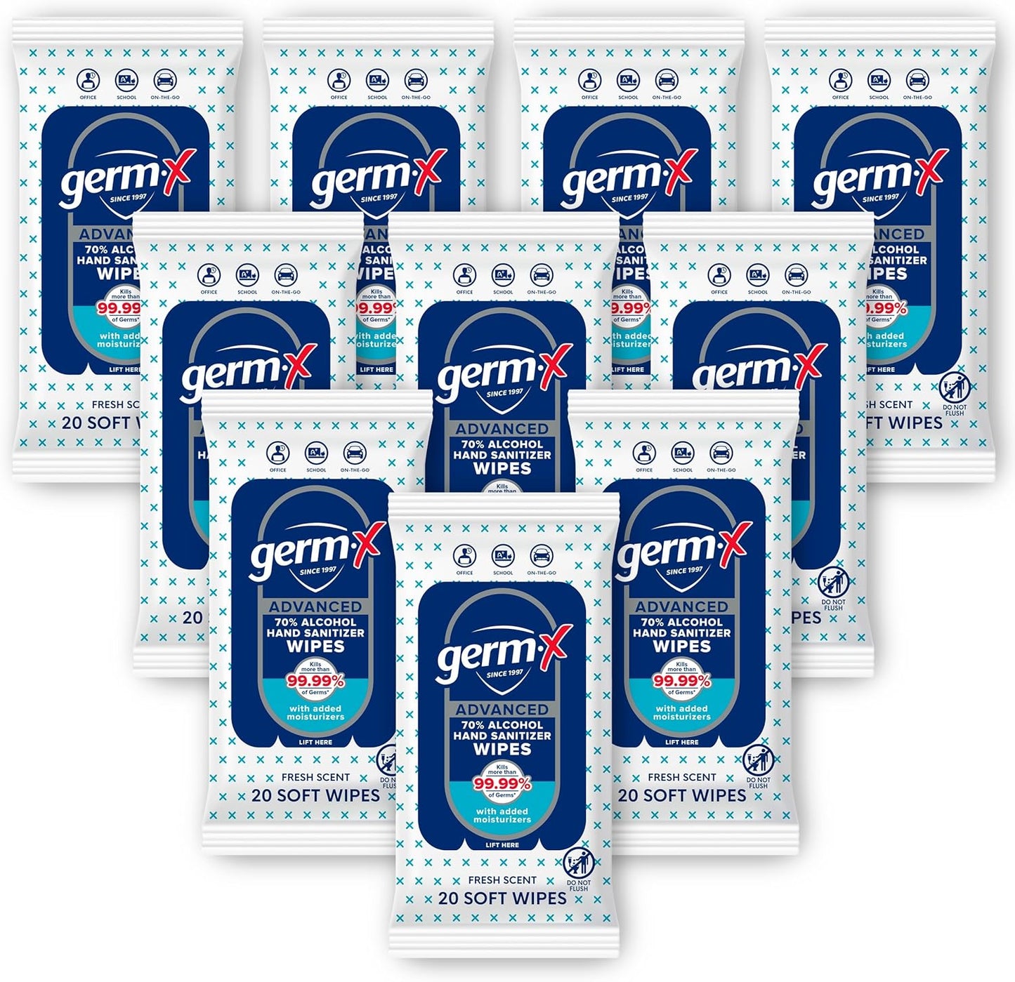 Germ-X Advanced Single-Use Hand Sanitizer Wipes, 20 Soft Wipes (Pack of 10), Fast-Drying & No Rinse Plant-Based Alcohol, Moisturizing Hand Sanitizer with 70% Alcohol