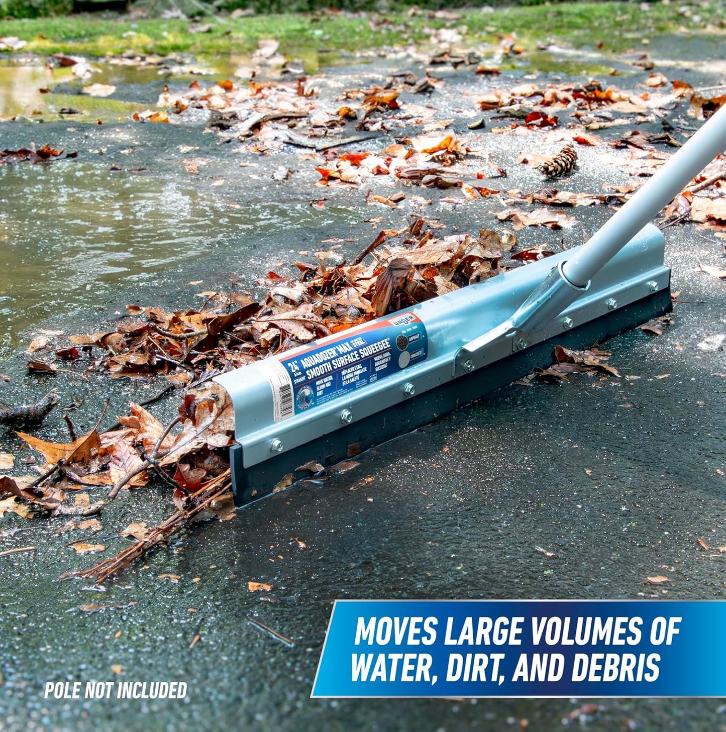 Unger Professional AquaDozer MAX 24” Smooth Surface Straight Floor Squeegee, Flood Cleanup Scrubber for Floors and Asphalt, Cleaning Tool to Easily Move Water and Debris