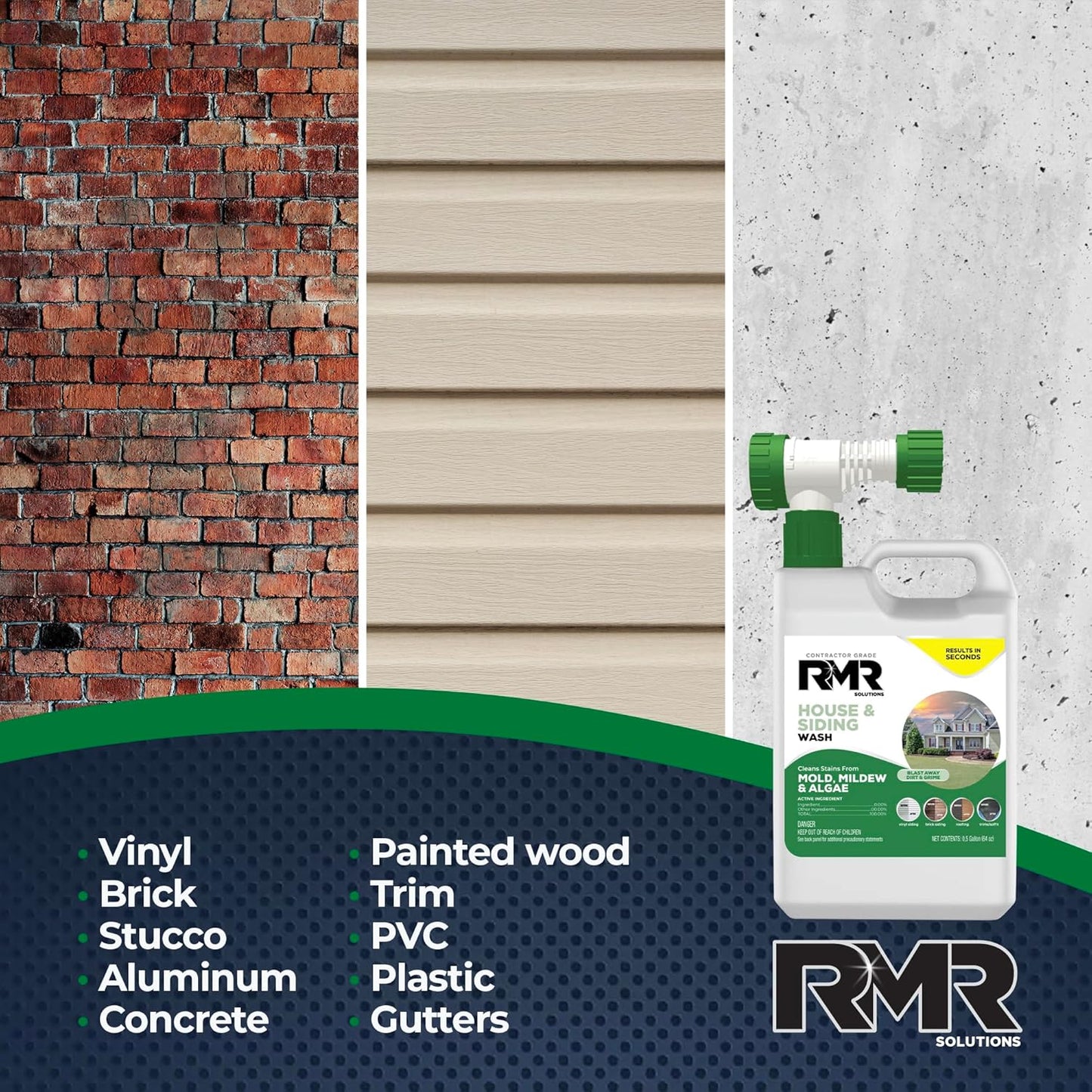 RMR House and Siding Wash - Commercial-Grade Outdoor Stain Remover for Mold, Mildew, and Algae, 64 Ounce Bottle With Hose-End Adapter