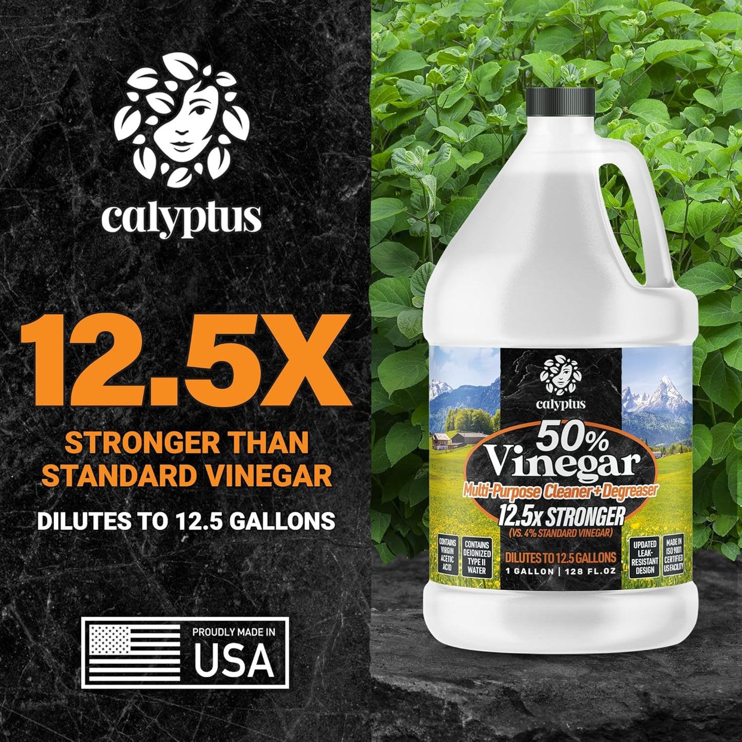 Calyptus 50% Pure Concentrated Vinegar | Maximum-Performance (12.5X) Power | Technical Grade | Dilutes Easily to 5% Acidity (1.5 Cups per Gallon) | Home and Outdoor Cleaning Concentrate | 2 Gallon