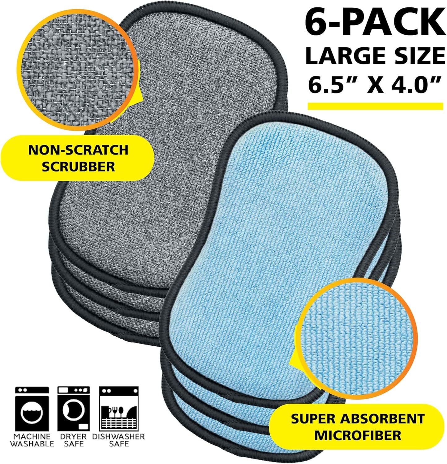 Original Scrub-N-Wipe Pad by Tuff-Scrub, 6-Pack, Microfiber, Multi-Surface, Non-Scratch, Dual-Sided, Scrubber for Dishes, Sinks, Non-Stick Cookware – Machine Washable, Durable Kitchen Sponge (Small)