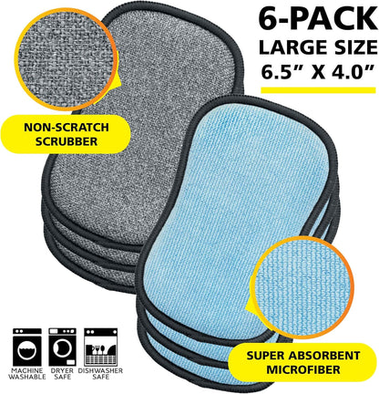 Original Scrub-N-Wipe Pad by Tuff-Scrub, 6-Pack, Microfiber, Multi-Surface, Non-Scratch, Dual-Sided, Scrubber for Dishes, Sinks, Non-Stick Cookware – Machine Washable, Durable Kitchen Sponge (Small)