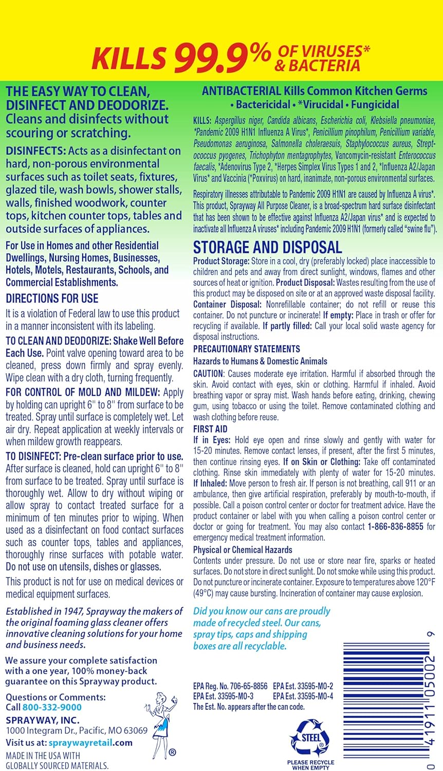 Sprayway All Purpose Disinfectant Cleaner, Foaming Action, 19 Ounce