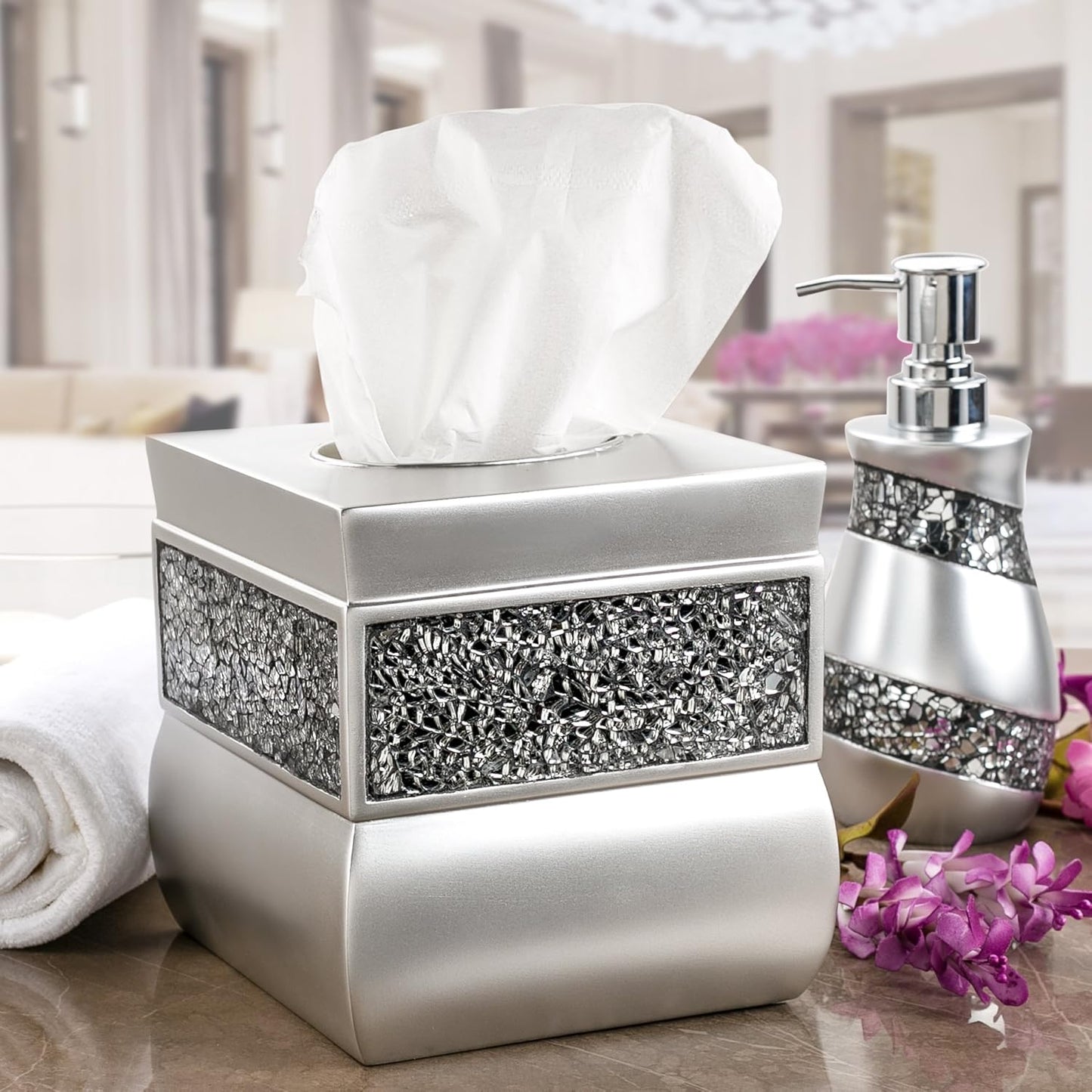 Creative Scents Crackled Glass Toilet Brush with Holder - Silver Toilet Bowl Cleaner Brush and Holder - Good Grip, Deep Cleaning, Decorative Design Compact Toilet Bowl Scrubber