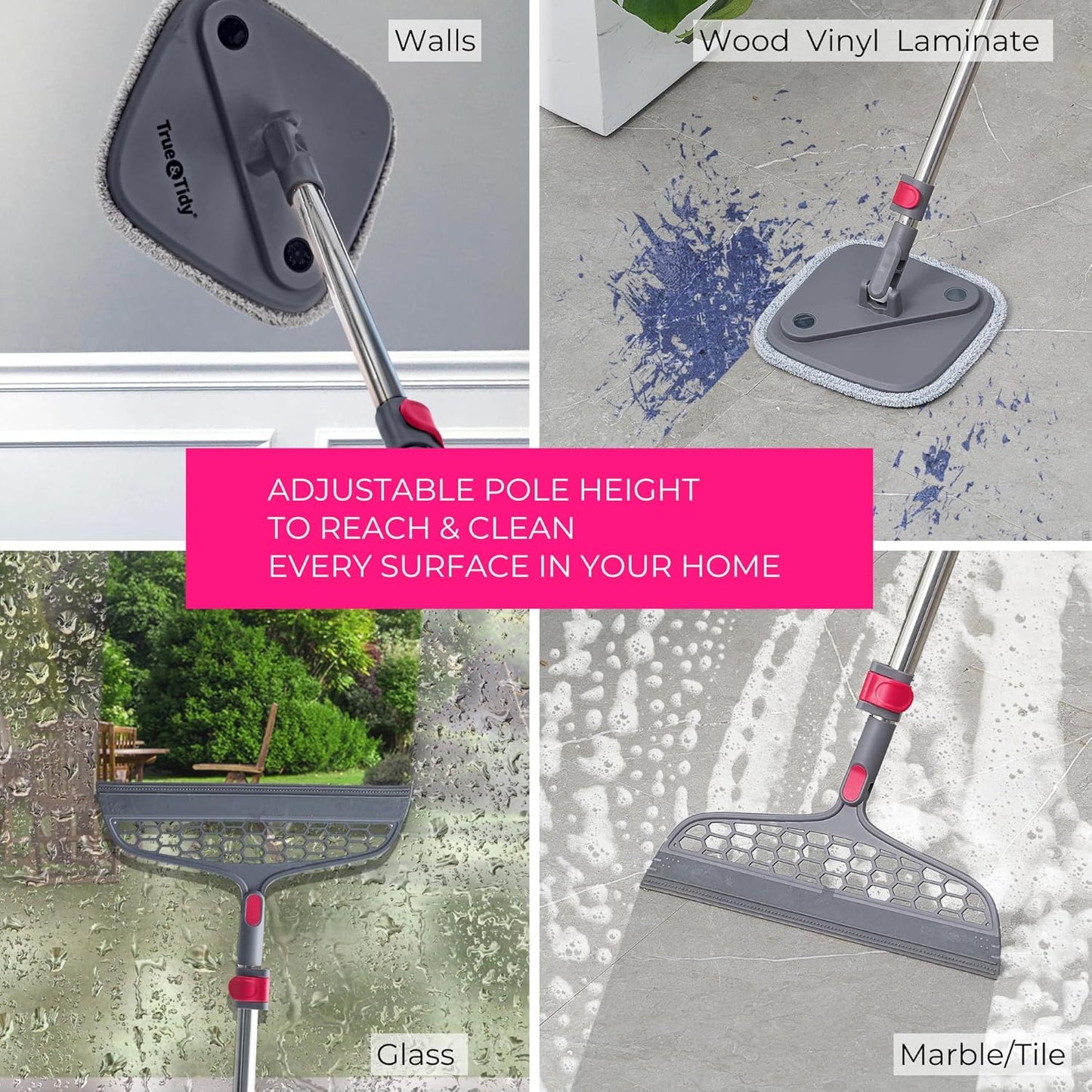 True & Tidy® True Clean Mop and Bucket System, Includes Square Spin, Dual Compartment Mop Bucket and 2 Thick Machine Washable Pads New Upgraded with Side Brush & Self Standing Handle, Rose
