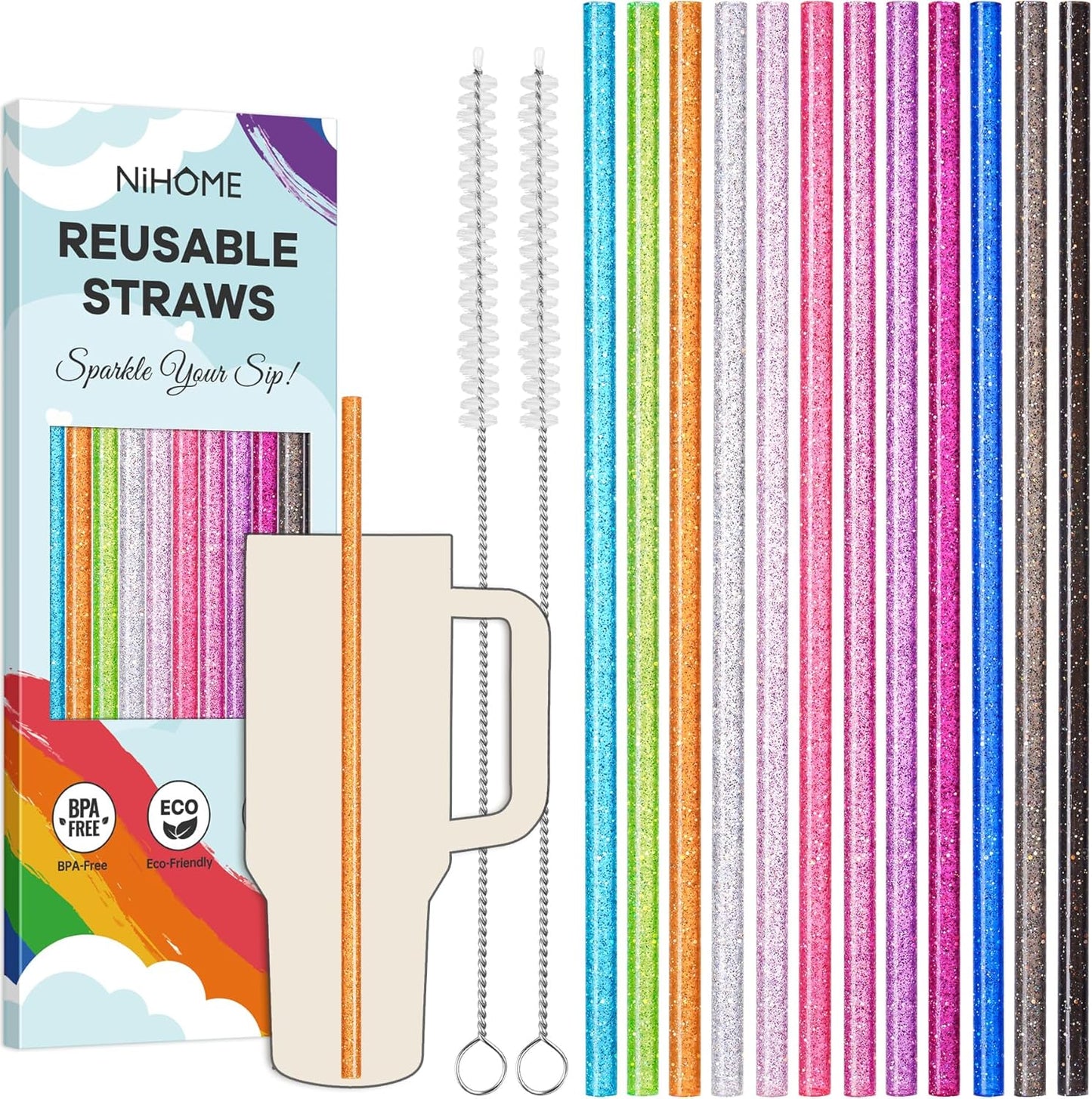 NiHome 12-Pack Glitter Replacement Straws for Stanley Tumbler 40OZ & 2 Cleaning Brushes Set, 12" Length BPA-Free Durable PETG Material for Various Beverages & Cups, Adds Sparkle to Your Drinks (Clear)