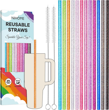 NiHome 12-Pack Glitter Replacement Straws for Stanley Tumbler 40OZ & 2 Cleaning Brushes Set, 12" Length BPA-Free Durable PETG Material for Various Beverages & Cups, Adds Sparkle to Your Drinks (Clear)