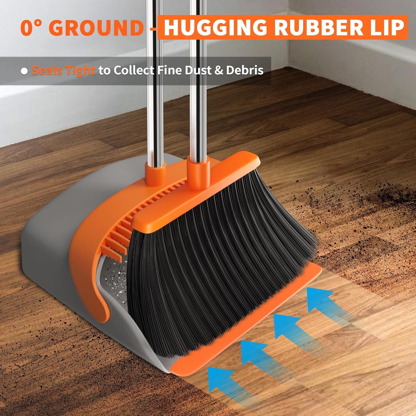 Upgraded Broom and Dustpan Set, 52" Long Handle Standing Combo with Self-Cleaning Teeth – Perfect for Pet Hair, Kitchen, Office, Home, Indoor & Outdoor Cleaning(Orange & Gray)