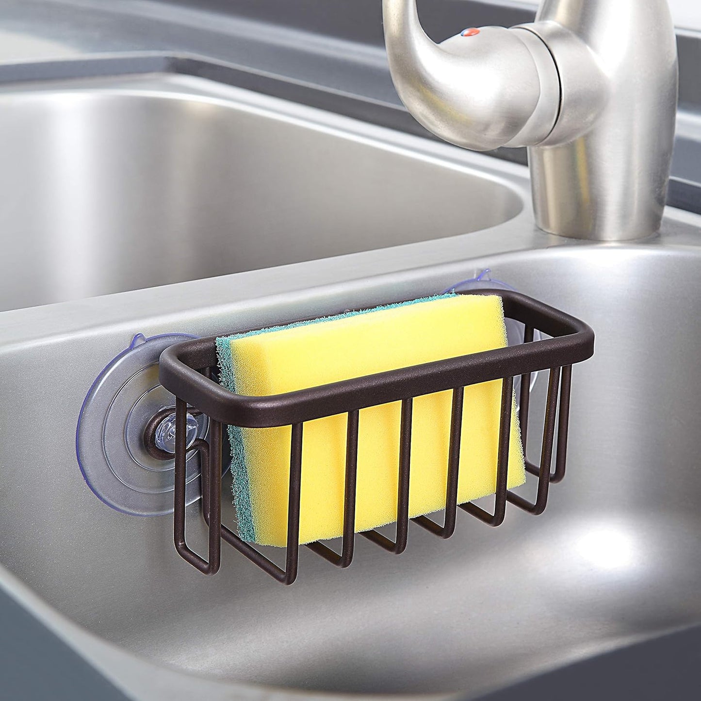 SunnyPoint NeverRust Kitchen & Bathroom Sink Caddy for Sponges, Scrubbers, Soap, 6" x 2.5" x 2.65", with Adhesive Mount - Additional Suction Cup Included –Aluminum (Black)