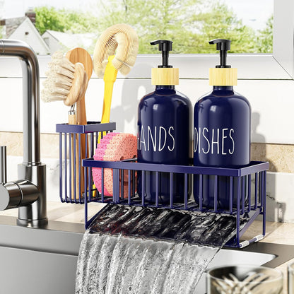 Cisily Kitchen Dish Soap Dispenser Set with 2 Pack 16.9oz Black Glass Bottle and Sponge Holder, Dish Soap Dispensers with Adjustable Sponge Holder, Vintage Hand and Dish Soap Dispensers Set