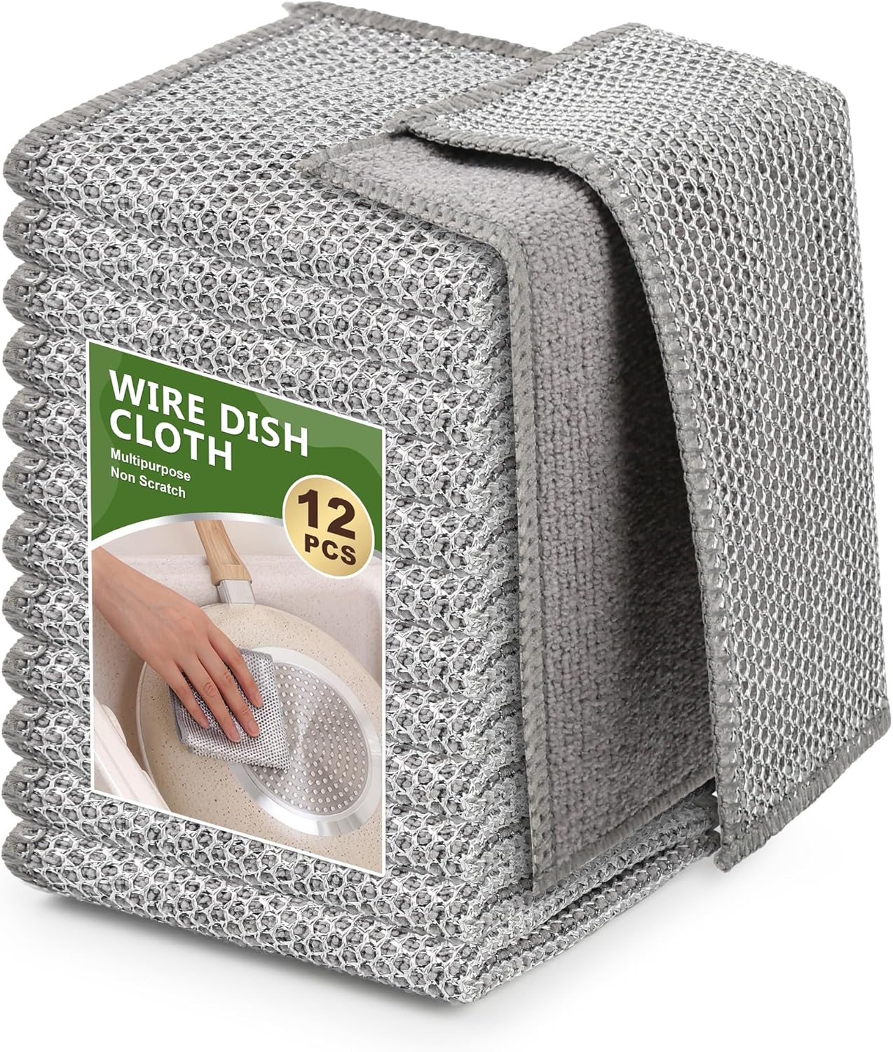 12Pack Multipurpose Wire Dishwashing Rags, Upgrade Non Scratch Wire Dishcloth, Silver Mesh Dish Cloths, Reusable Metal Mesh Cleaning Cloths, Steel Scrub Rags for Kitchen/Stove/Oven/Bath