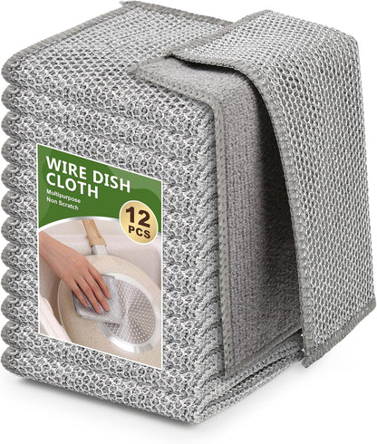 12Pack Multipurpose Wire Dishwashing Rags, Upgrade Non Scratch Wire Dishcloth, Silver Mesh Dish Cloths, Reusable Metal Mesh Cleaning Cloths, Steel Scrub Rags for Kitchen/Stove/Oven/Bath