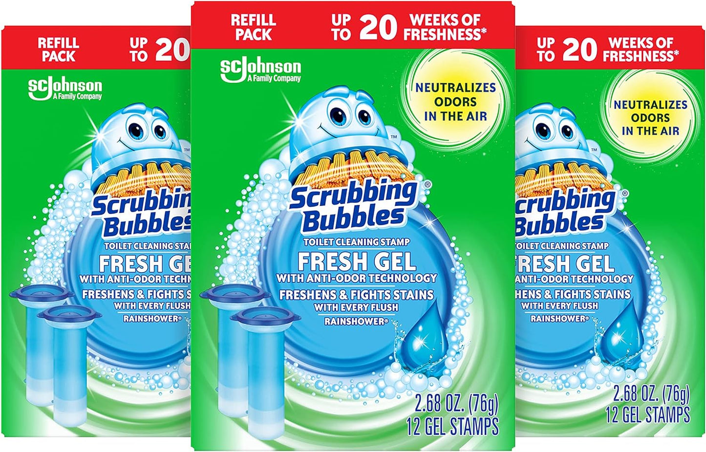 Scrubbing Bubbles Fresh Gel Toilet Bowl Cleaning Stamps, Helps Keep Toilet Clean and Helps Prevent Limescale & Rings, Rainshower Scent, 1 Dispenser with 24 Fresh Gel Stamps