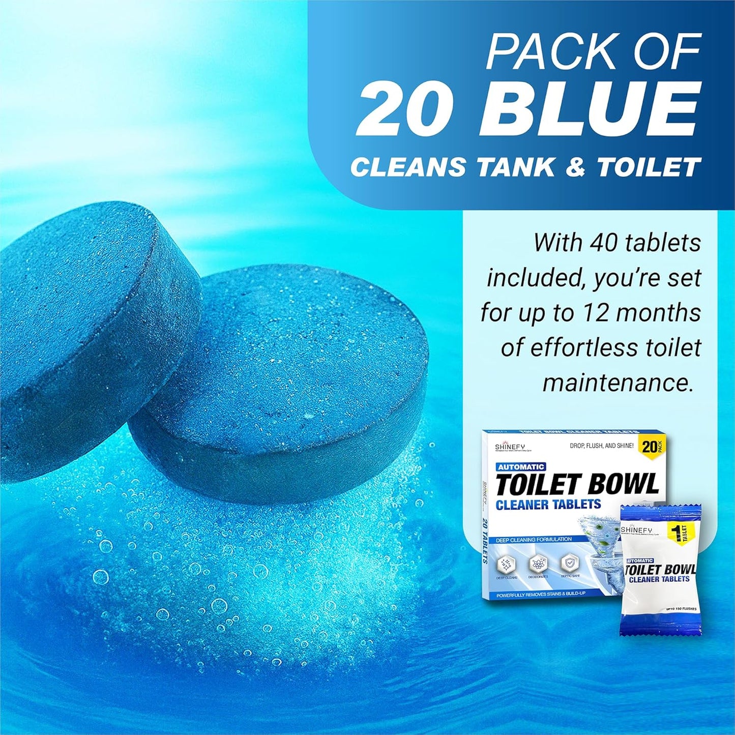 Shinefy Automatic Toilet Bowl Cleaner Tablets – 20 Tabs - Blue Gel Toilet Tank Cleaners, Hard Water Ring Remover, Septic-Safe Heavy-Duty Stain & Smell Eliminator, Toilet Cleaning & Deodorizer