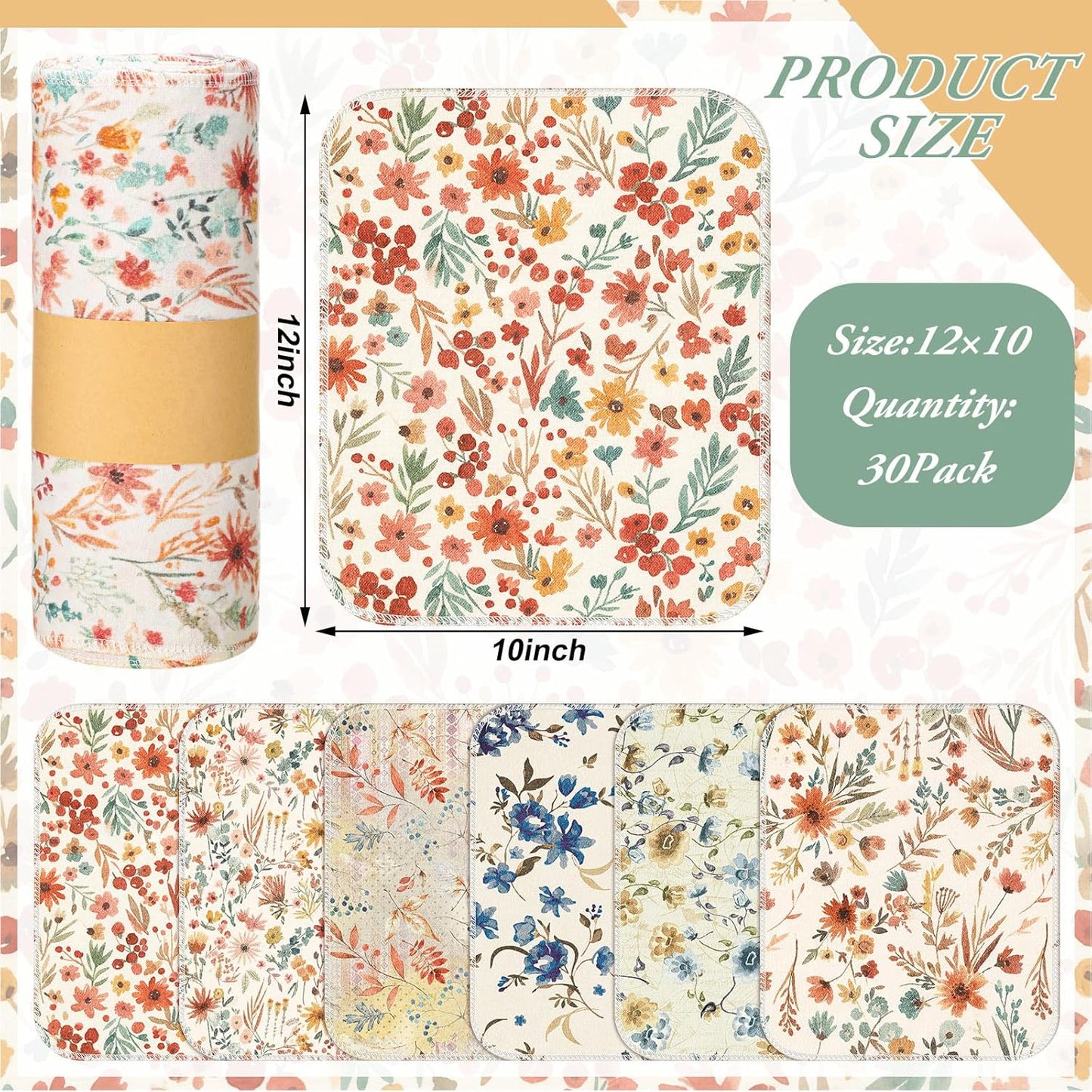Redbaker 30 Pcs Reusable Paper Towels Rolls Kitchen Towels Bulk Washable Paperless Cloth Cotton Hand Napkins with Cardboard Reusable Napkins for Kitchen Bathroom(Floral,10 x 12 in)