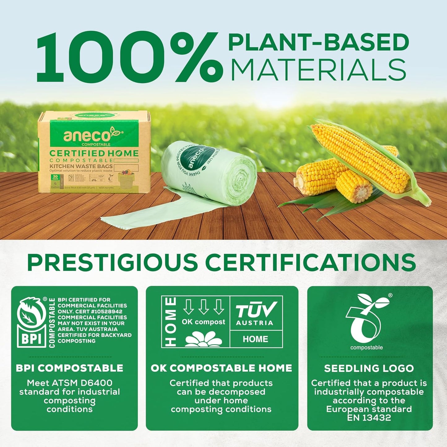 (Include 10 Bonus Bags) ANECO 100% Compostable Waste Bags 2.6 Gallon, Extra Thick Kitchen Small Compost Bags for Countertop Bin, 110 Count (100 + 10 Extra)
