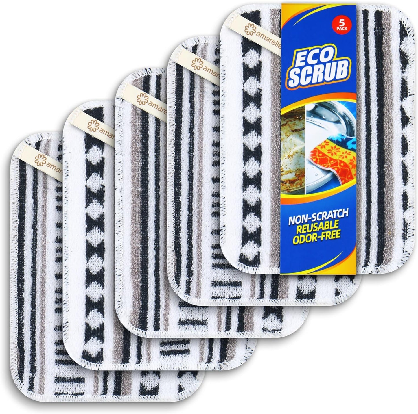 Amarelle GEN II Dish Washing Scrubbers (5-Pack)2-in-1, Made in Green Kitchen Scrubbers for Dishes, Non Scratch Pot & Pan Scrubber, Heavy Duty GOTS Organic Cotton Scouring Pads, Reusable (Metro Sketch)