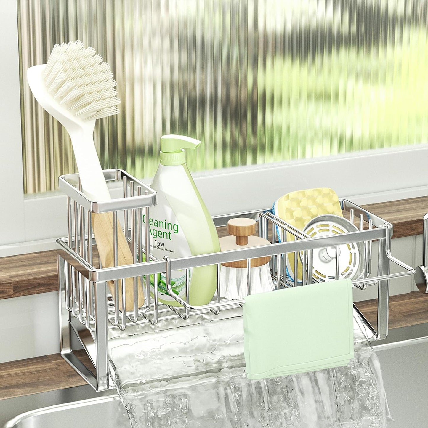 SWTYMIKI Sponge Holder for Kitchen Sink - 2 Tier Rustproof Sink Caddy with Instant Drying Stone, Removable Dish Brush Holder, Stainless Steel Kitchen Caddy for Coutertop Storage Accessories