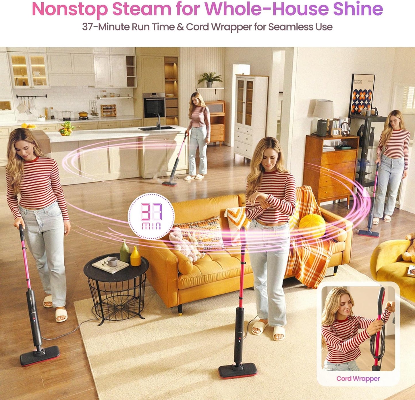 Schenley Steam Mop Cleaner Powerful - 15s Fast Heat-Up, Chemical-Free for Hardwood/Tile/Laminate & Floors/Walls, Washable Pads, 3 Modes for Carpet, Lightweight, Self-Standing, Sleek Design