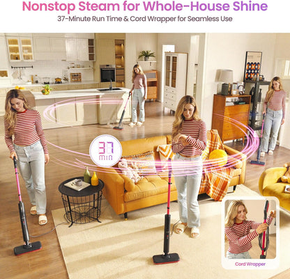 Schenley Steam Mop Cleaner Powerful - 15s Fast Heat-Up, Chemical-Free for Hardwood/Tile/Laminate & Floors/Walls, Washable Pads, 3 Modes for Carpet, Lightweight, Self-Standing, Sleek Design
