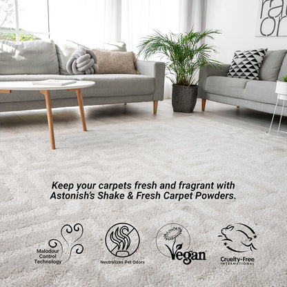 Astonish 350g Shake Fresh Lemon Sparkle Carpet Powder Odor Remover - Pet Smell Deodorizer, Vacuum Safe Citrus Scent, Dry Floor Cleaner, Room Refresher, Home Fragrance, Easy to Use Powder