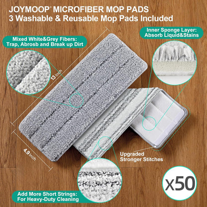 JOYMOOP 17.7-Inch Microfiber Flat Mop Replacement Pads – Washable Reusable Grey & Stripe, Pack of 4 Heavy-Duty Wet & Dry Refill for JOYMOOP Flat Mop & Bucket System